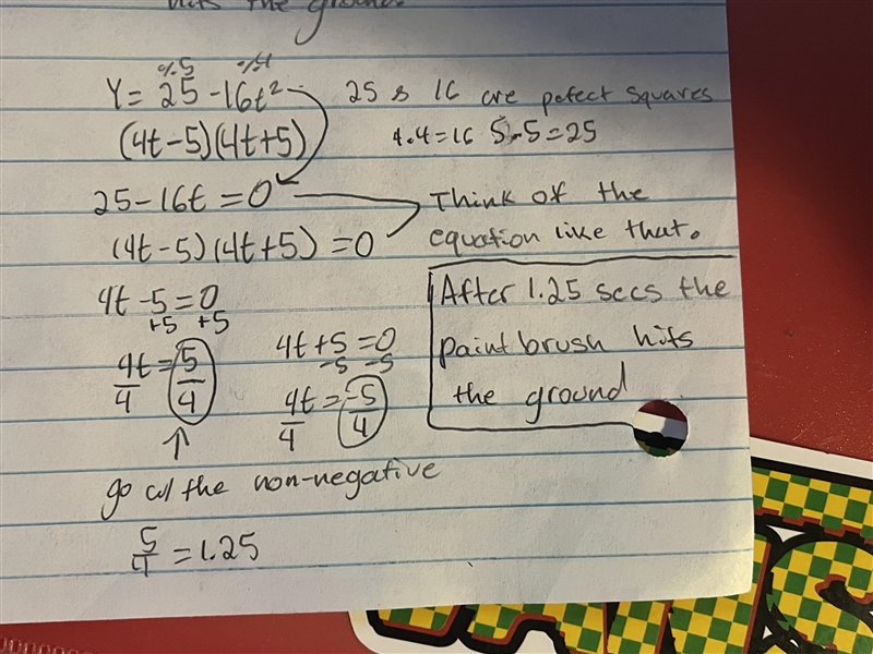 Equation: y=25-16t^2 While standing on a ladder you drop a paintbrush. The function-example-1