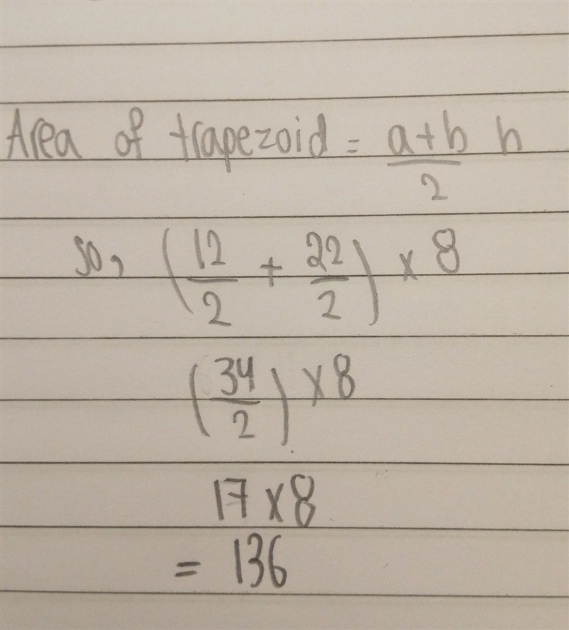 Find the area of the following trapezoid: 12 cm / 0.00 8 cm Enter 10 cm 22 cm A = [?] cm-example-1