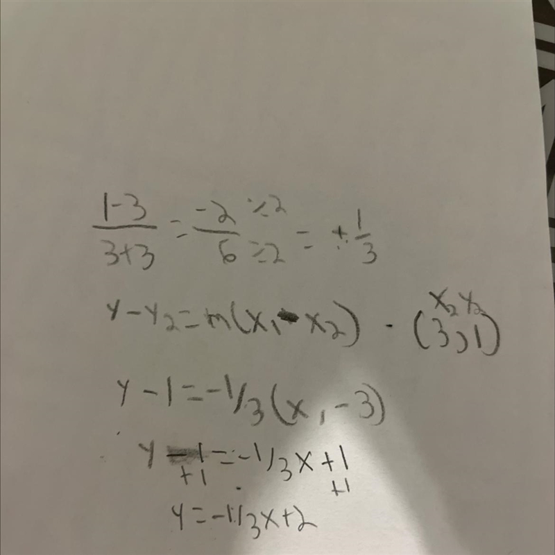 Write the equation of the line passing through the points (-3,3) and (3,1). The equation-example-1