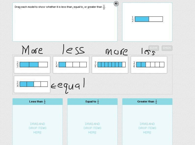 Drag each model to show whether it is less than, equal to, or greater than 1/2.-example-2