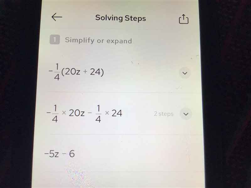 HELP PLESSSS Which expression is equivalent to -1/4(20z + 24)… 1. -5z - 6 2. 5z + 24 3. -5z-example-1