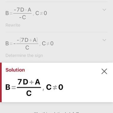 Solve the equation for D. A= Bc-7D-example-1