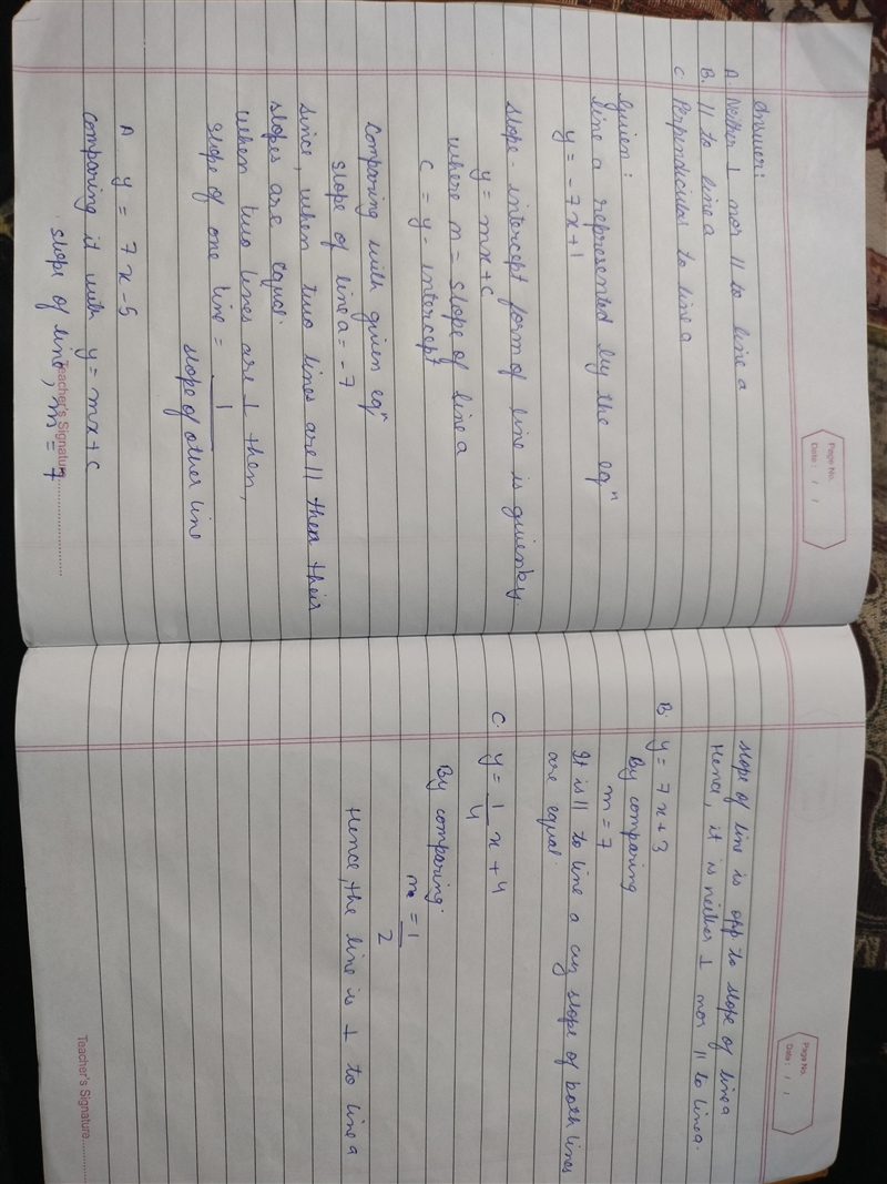 Line a is represented by the equation y=−7x+1. How do these equations compare to line-example-1