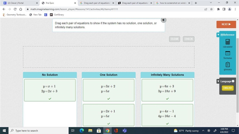 Drag each pair of equations to show if the system has no solution, one solution, or-example-1