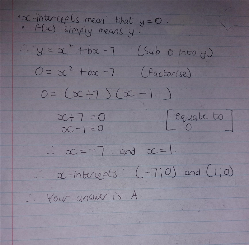 HELP ASAP Determine the x-intercepts of the graph with the function f(x) = x²+6x-7 A-example-1