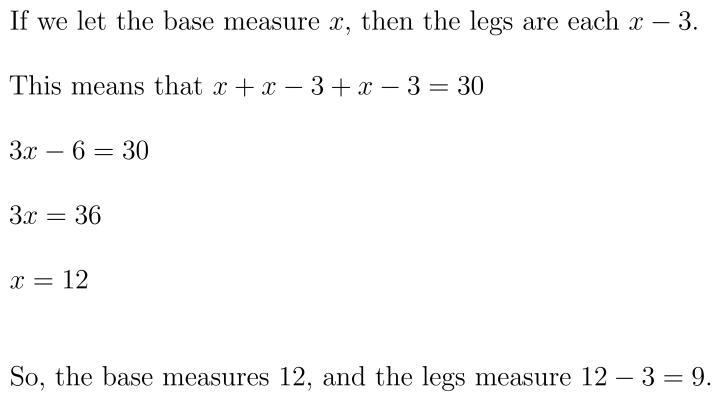 Each leg of an isosceles triangle is 3 units less than the length of its base. If-example-1