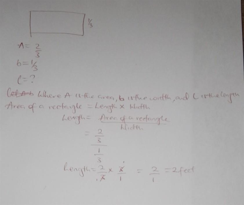 A rectangular placemat has an area of 2/3 of a square foot. The width is 1/3 of a-example-1