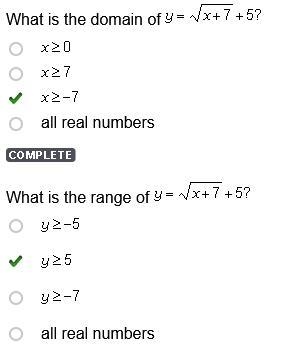 What is the domain of y=√x+7 +5?-example-1