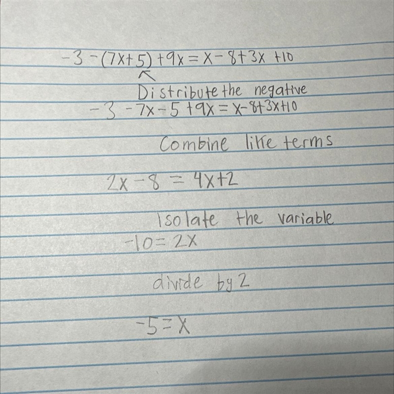 -3-(7x+5)+9x=x-8+3x+10-example-1