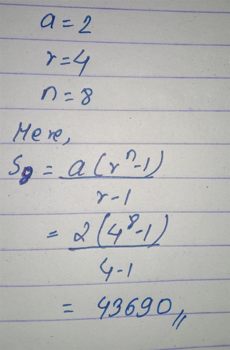 What is the sum of the geometric sequence 2, 8, 32, if there are 8 terms?-example-1