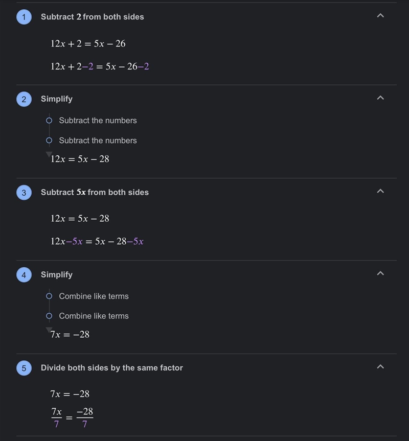 12x + 2=5x - 26 whast is ans-example-2