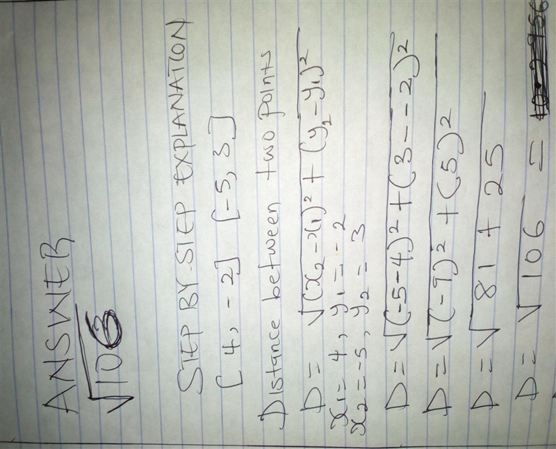 What is the distance between the points (4, -2) and (-5, 3)?-example-1