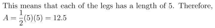 The hipotenuse of a right angle, isosceles triangle is 5√2 cm. Find the area of the-example-1