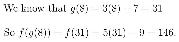 If $g(x) = 3x + 7$ and $f(x) = 5x - 9$, what is the value of $f(g(8))$?-example-1