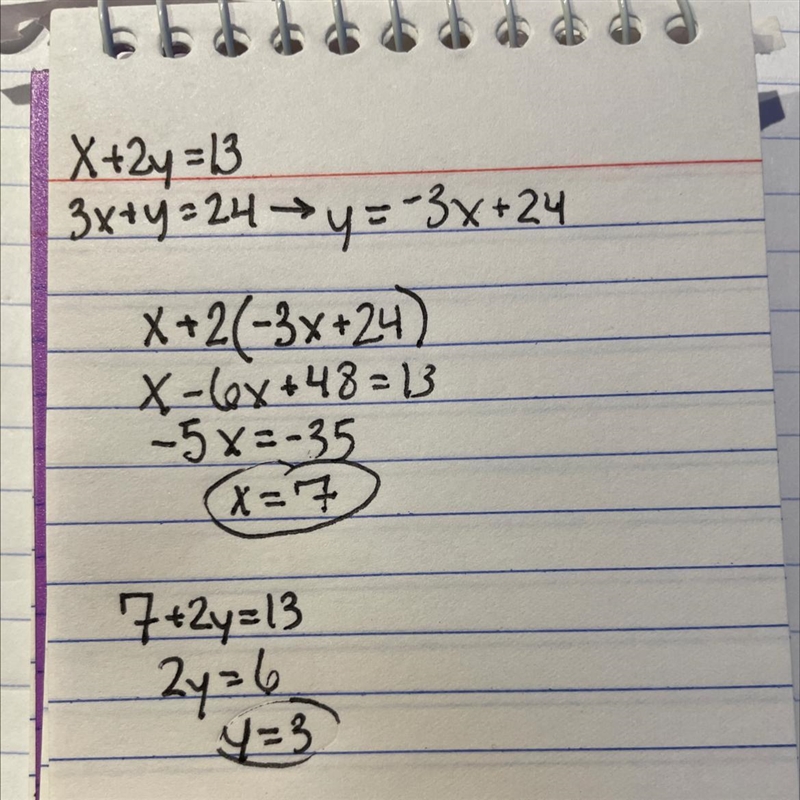 Solve the simultaneous equations using an algebraic method. x + 2y = 13 3x + y = 24-example-1