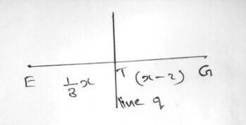 If line q bisects EG at point T, and if ET= 1/3 x and TG= x-2, then find EG please-example-1