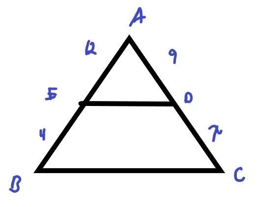 Triangle a b c is cut by line segment d e. line segment d e goes from side a c to-example-1