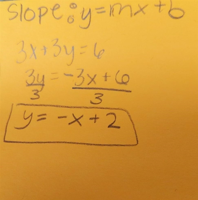 Rewrite in slope intercept form: 3x+3y=6 Explain how you got your answer-example-1