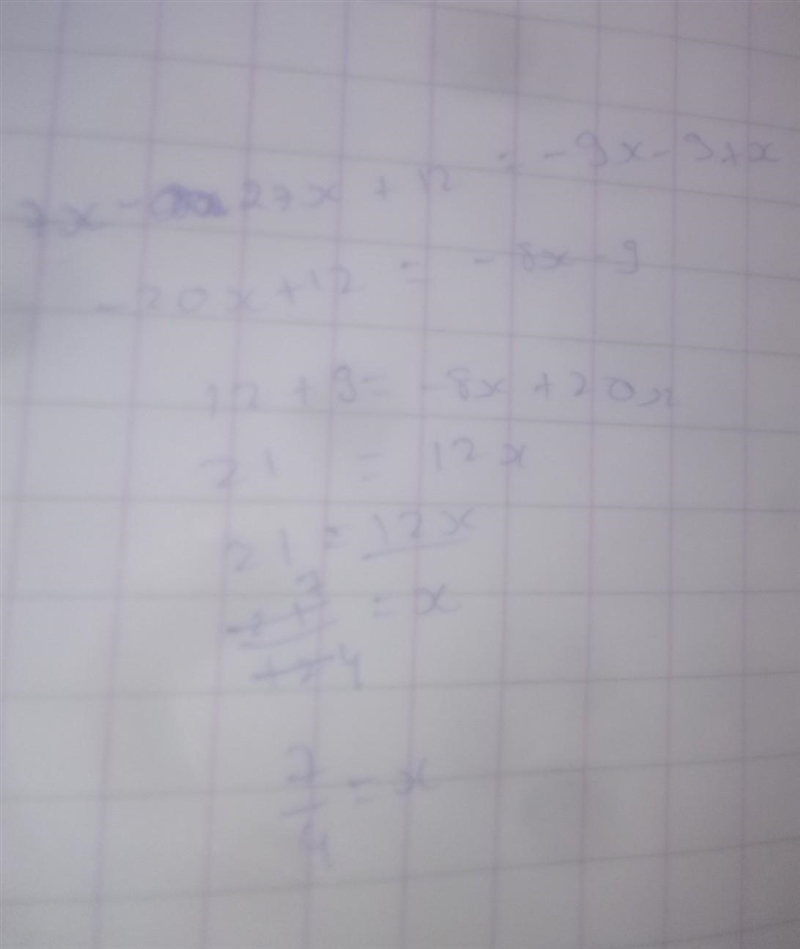 Solve for x: 7x - 3(9x + 4) = 9(- x - 1) + x-example-1