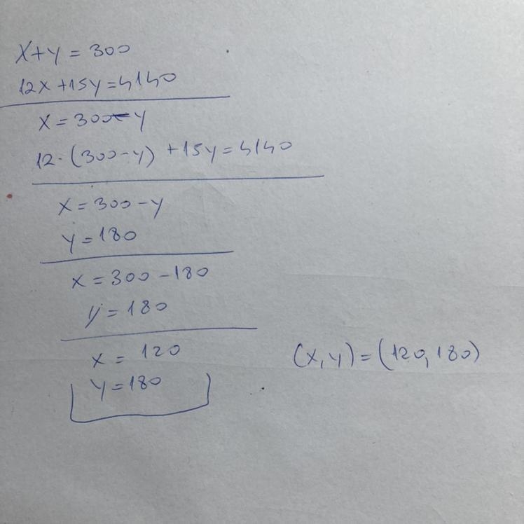 YALL I NEED HELP, x+y=300 and 12x+15y=4,140. LIKE WTH IS THIS-example-1