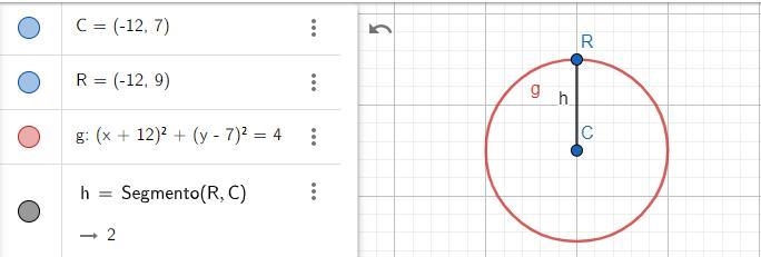 Write the equation of the circle given the following information center: (-12,7)point-example-1