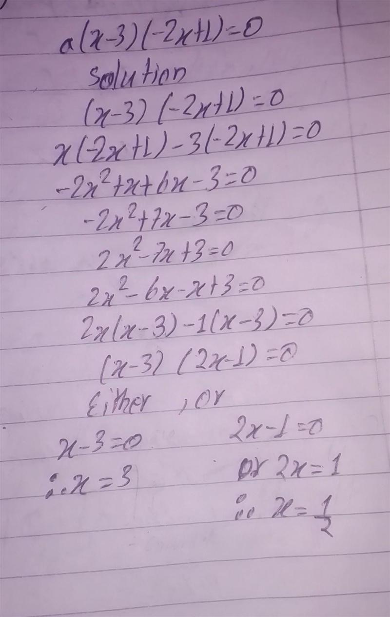 Solve the following equations: a) (x-3)(-2x+1)= 0. b) (x+7)(2-4x)=0.​-example-1