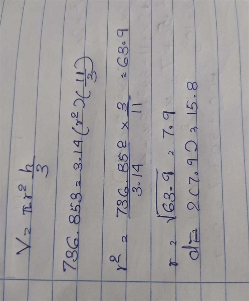 The volume of a cone is 736.853 cubic inches. The height is 11 inches. Calculate the-example-1