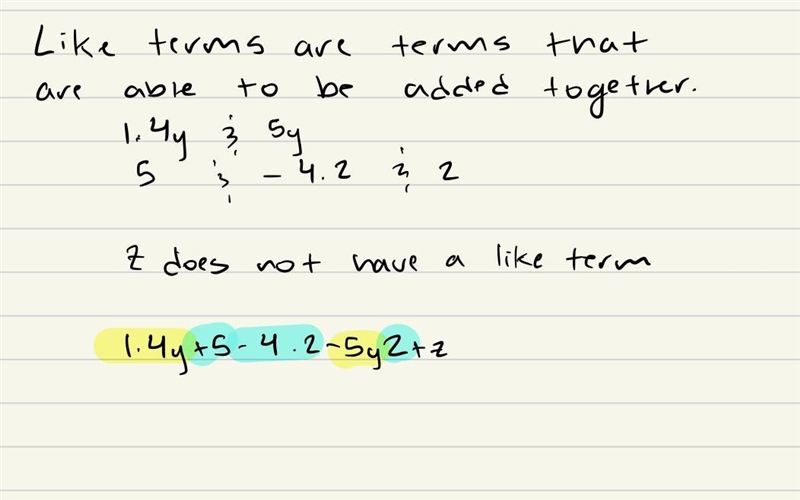 What are the like terms of 1.4y+5−4.2−5y2+z-example-1