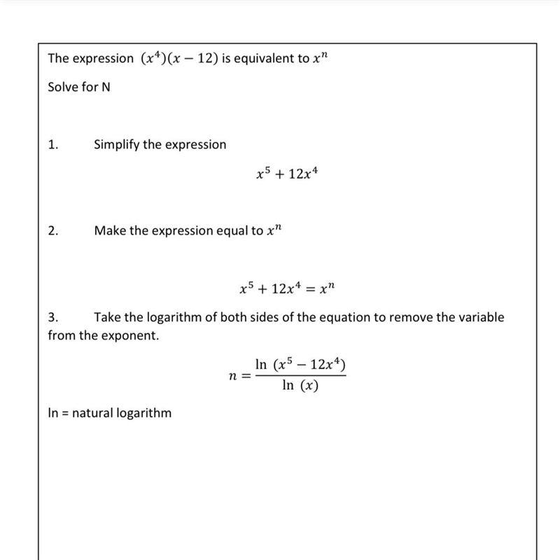 The expression (x⁴)(x-12) is equivelent to x^n. what is the value to n?-example-1