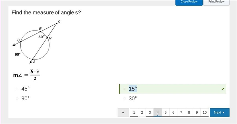 Find the measure of angle s? 45• 90• 30• 15•-example-1