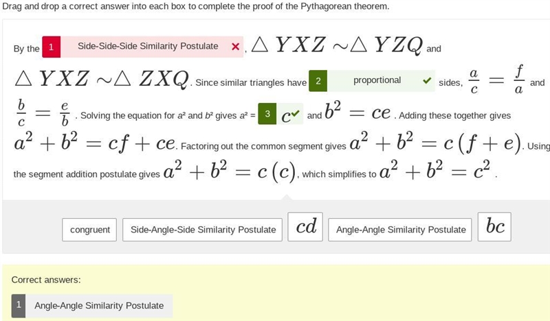 Triangle XYZ is a right triangle with ZQ¯¯¯¯¯⊥XY¯¯¯¯¯¯ . Drag and drop a correct answer-example-1