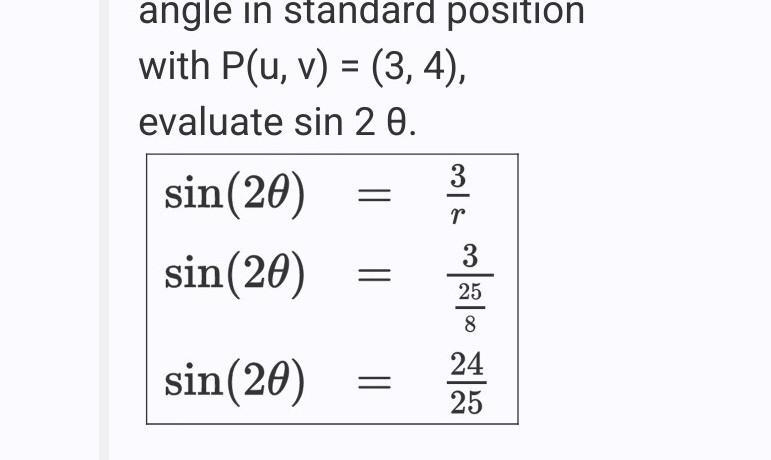 If θ is a first-quadrant angle in standard position with P(u, v) = (3, 4), evaluate-example-1