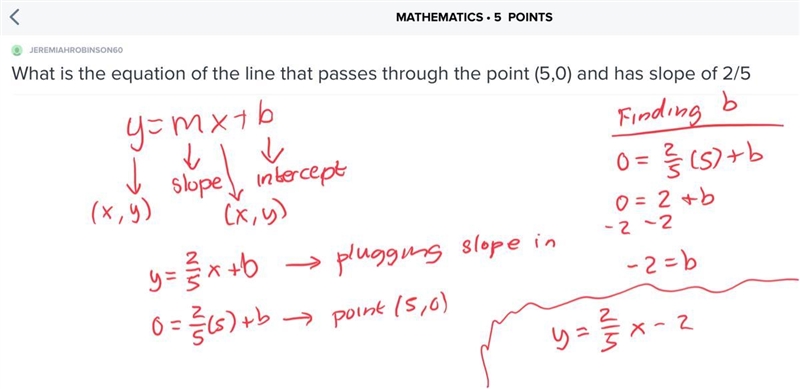 What is the equation of the line that passes through the point (5,0) and has slope-example-1