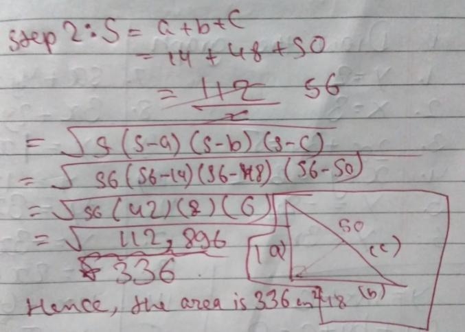 PLEASE HELP In this triangle, a = 48 cm, b = 14 cm, and c = 50 cm. What is the area-example-1