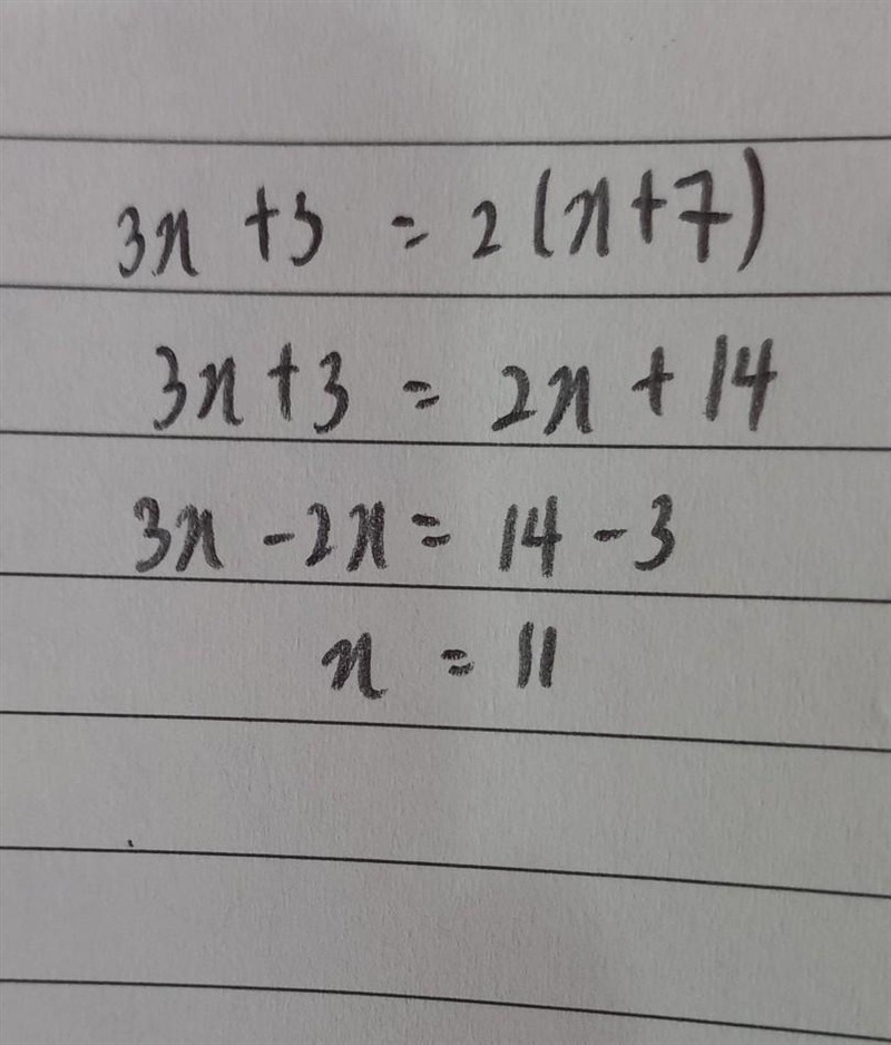 :: 3x + 3 = 2(x + 7)-example-1