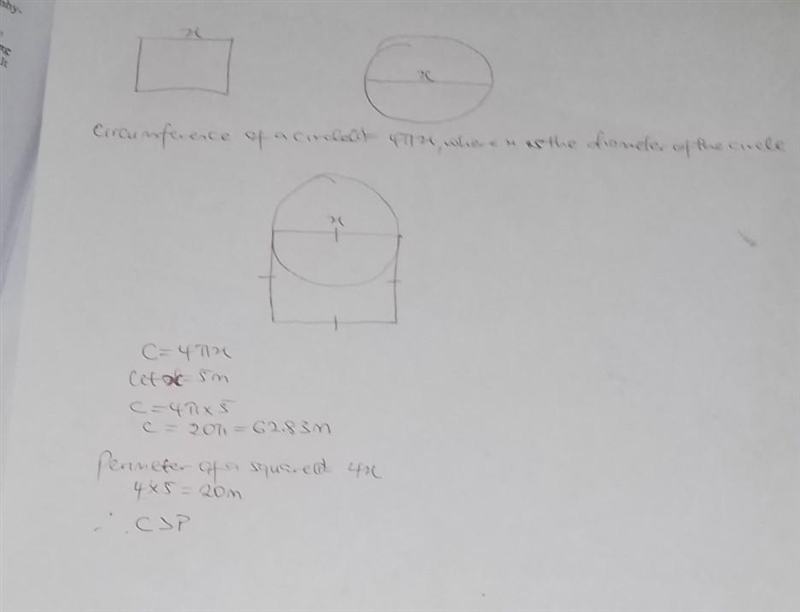 The length of a side of a square is equal to the diameter of a circle. Which is greater-example-1