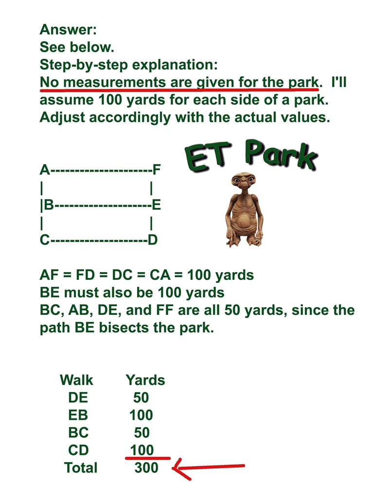 A walk-in path BE in a park intersects two sides of the park at their midpoint. You-example-1