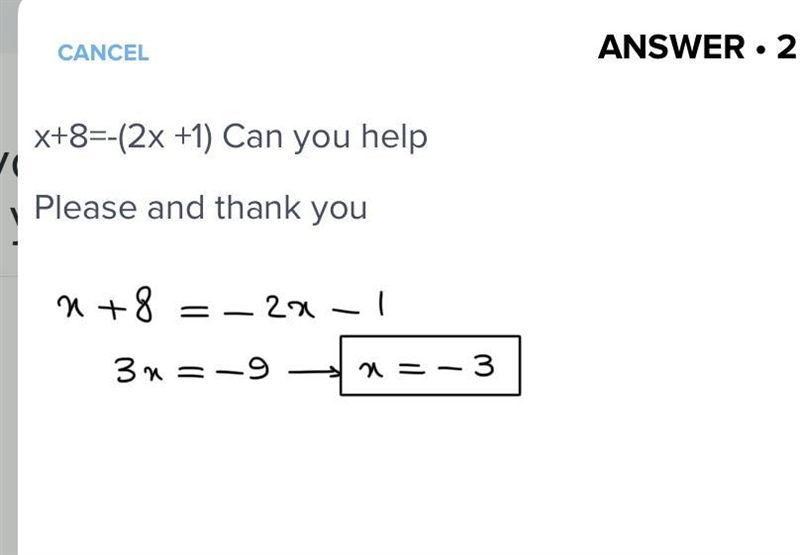 X+8=-(2x +1) Can you help Please and thank you-example-1