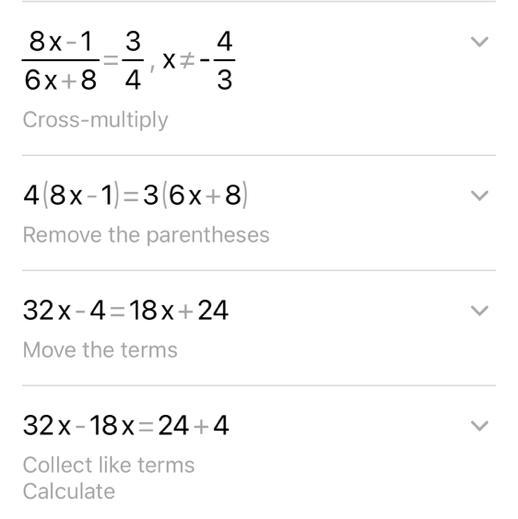 Determine all the values that make the equation 8x-1/6x+8=3/4 true-example-1