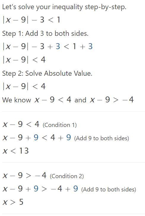 What is the solution to |x-9| -3 < 1-example-1