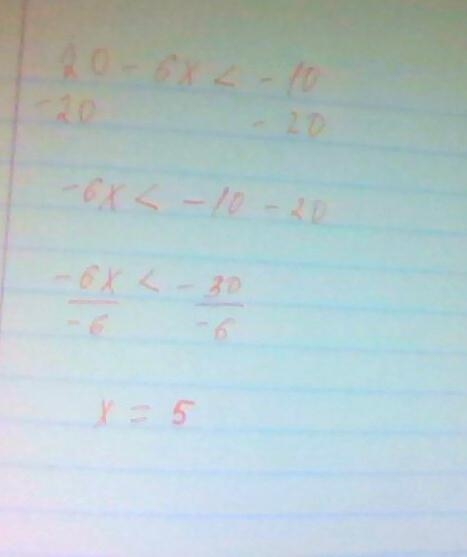 Solve the inequality 20 – 6x < -10. ​-example-1