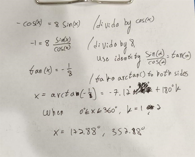 -cosx = 8sinx for values of x between 0 and 360, solve for x-example-1