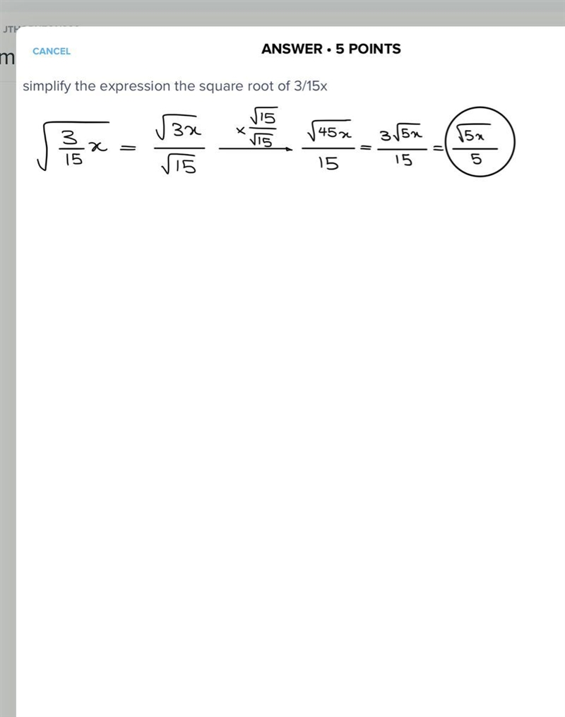 Simplify the expression the square root of 3/15x-example-1