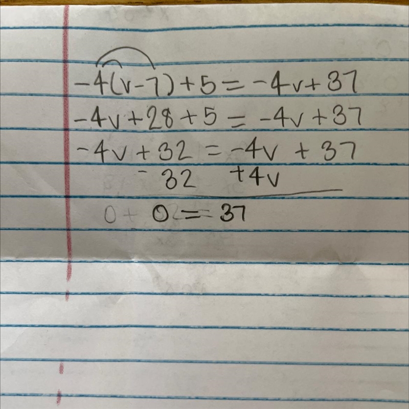 Solve each equation -4(v-7)+5=-4v +37-example-1