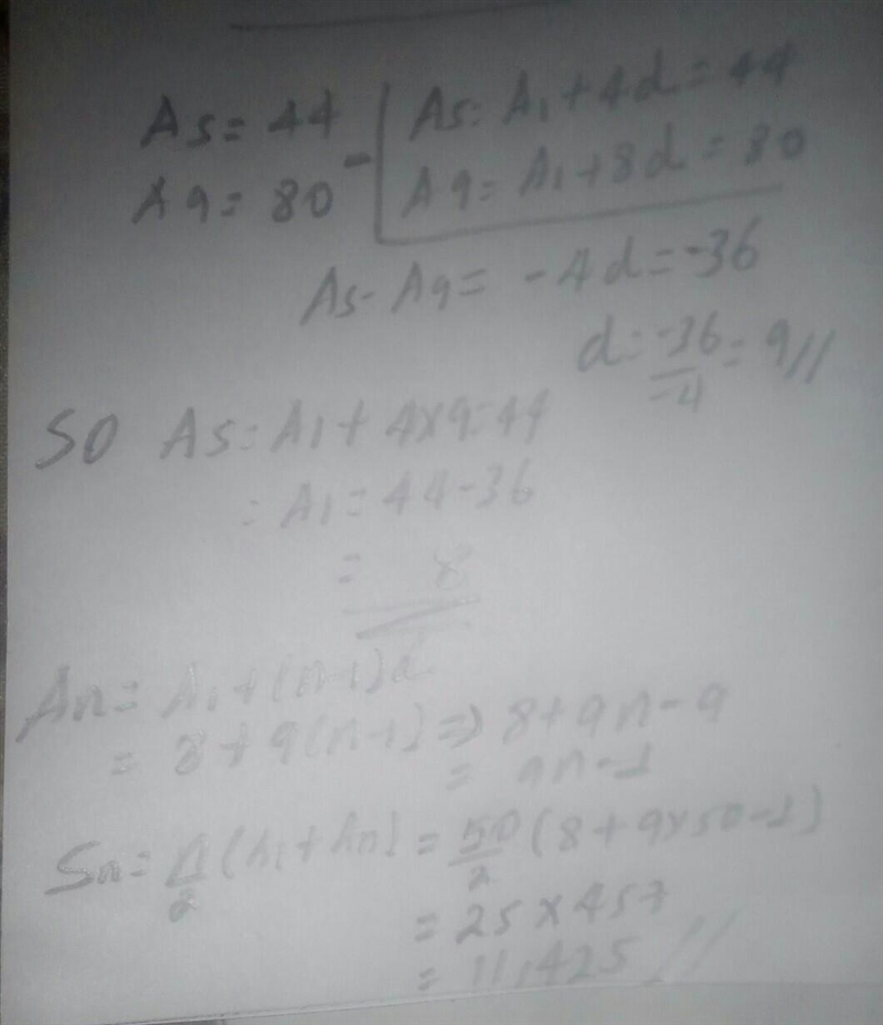 5. In an arithmetic sequence, the fifth term is 44 and the ninth term is 80.(a) Find-example-1