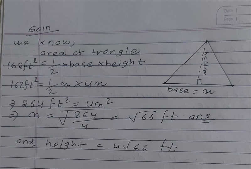 The height of a triangle is 4 times its base. If the triangle has an area of 162ft-example-1