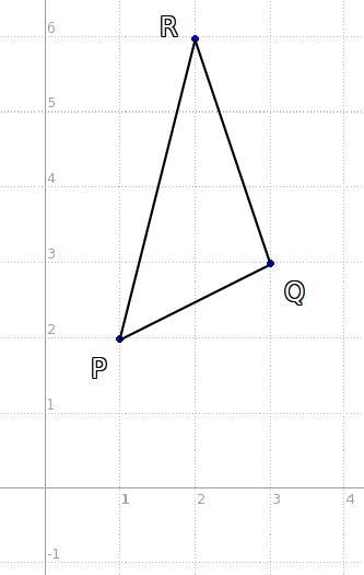 Draw triangle PQR with vertices P(1,2),Q(3, 3),R(2,6).find PQ.​-example-1