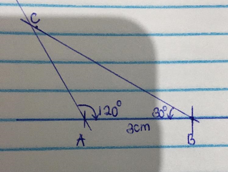 Draw triangle ABC where: AB ha length 3 cm (thi i drawn for you) the angle at A i-example-1