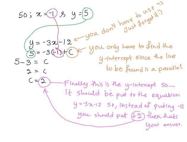 Find the equation of a line which passes through point (-1,5) and is parallel to 3x-example-3