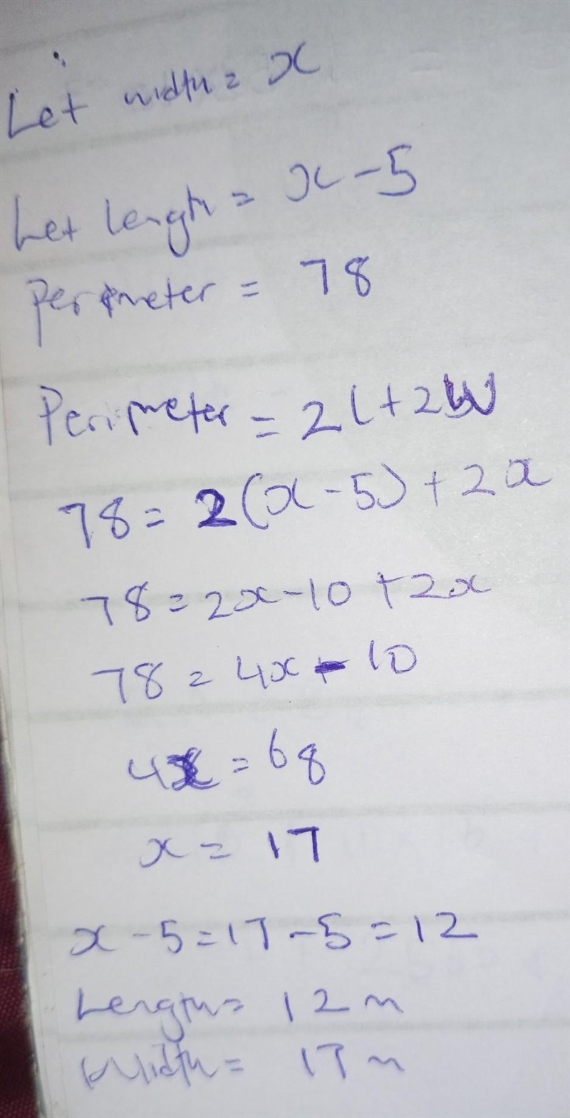 The length of a rectangle is 5 meters less than its width. The perimeter is 78 meters-example-1